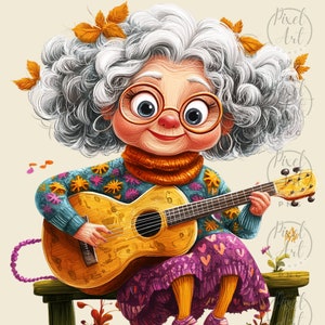 Quirky Music-Loving Grandma Clipart Guitar Playing Granny 19 PNG Digital Art Vintage Character For Junk Journals Scrapbooking DIY Projects