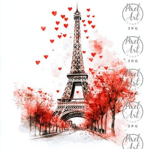 Romantic Parisian Clipart Love Eiffel Tower Roses Heart Macaroons Café Scene 22 JPG Valentine Wedding DIY Cards Paris Decor