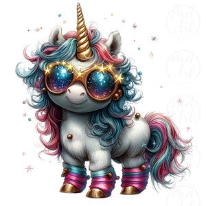 Quirky Unicorn Clipart Set, 18 PNGs, Colorful Frizzy-Haired Unicorns with Glasses, Whimsical Fantasy Art Crafting, Invitations, Scrapbooking