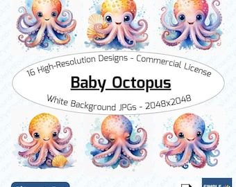 Watercolor Baby Octopus Clipart | Ocean Animals (JPG Digital Download)