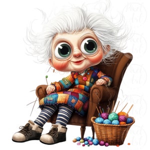 Quirky Old Lady Clipart: Knitting Granny PNGs (17 Images)