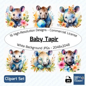 16 Baby Tapir Clipart | Watercolor JPG | Jungle Animals for Scrapbooking, Journaling