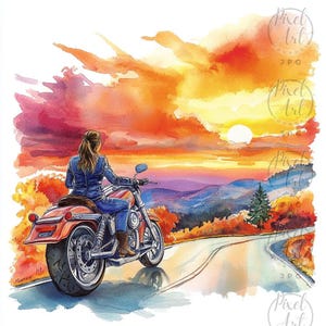 Bold American Lady Biker Clipart Watercolor Art 17 JPGs Vintage Motorcycle Adventure Retro Diner Scene Freedom Spirit Digital Download