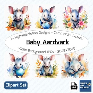 16 Baby Aardvark Clipart | Watercolor JPG | Cute Animals for Scrapbooking, Journaling