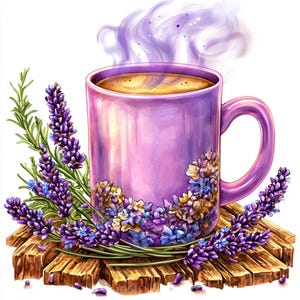 Lavender Mug Illustrations, Floral Coffee Art, Pastel Kitchen Decor, Home Crafting Designs, Scrapbooking Elements, 19 JPG Clipart Set