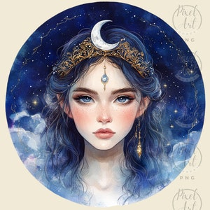 Moon Goddess Portrait Clipart Celestial Moon Goddess Watercolor Art Fantasy Woman Illustration Lunar Sky Goddess 17 PNG Scrapbooking Journal