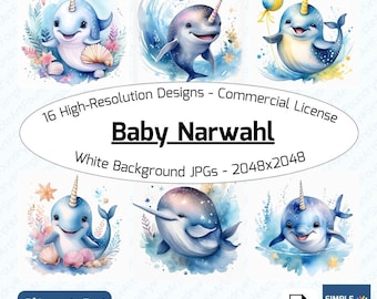 16 Baby Narwhal Clipart | Watercolor JPG | Ocean Animals for Scrapbooking, Journaling