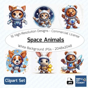 Space Animals Clipart | 16 Cute JPG | Astronaut Animals for Scrapbooking, Journaling