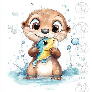 Adorable Baby Otter Clipart Nursery Decor Childrens Design Cute Watercolor Art JPG 21 Images Bashful Playful Animal Illustration Collection