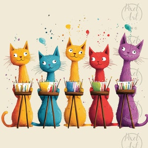 Quirky Artistic Cats Clipart Colorful Cat Illustrations Digital Cat Art Set 19 PNG Whimsical Cats for Scrapbooking Junk Journals Card Making