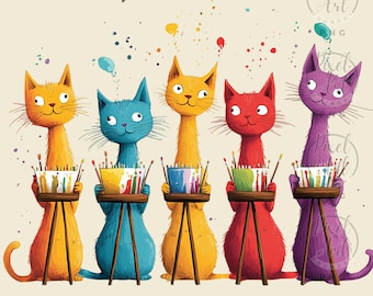 Colorful Cats Clipart: Whimsical Cat Illustrations (19 PNG)