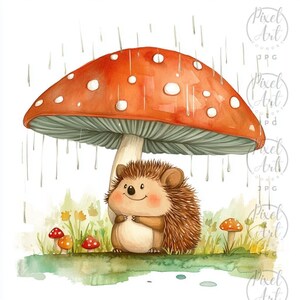 Playful Hedgehog Clipart Adventures Nature Kids Design 20 JPG Cute Watercolor Illustration Forest Leaves Berries Mushrooms Craft Project