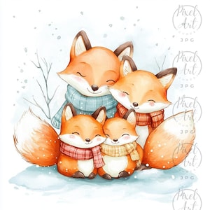 Cozy Woodland Fox Clipart for Holiday Cards Nursery Art Seasonal Decor 22 JPG Autumn Winter Scene Foxes with Scarves Hats Snowflakes