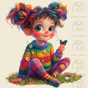 a painting of a little girl with a butterfly in her hand