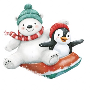 Adorable Snowman and Penguin Clipart, 17 PNGs, Winter Wonderland Friends with Sleds, Igloos, Snowballs, Perfect for Holiday Crafts and Decor