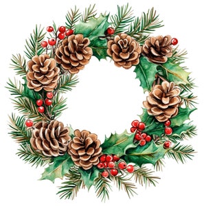 Christmas Wreath Clipart Set, 24 PNGs, Holiday Greenery and Red Bows, Festive Winter Wreaths for Cards, Crafts, and Decor, Festive Wreaths