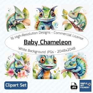 16 Baby Chameleon Clipart | Watercolor JPG | Cute Lizards for Scrapbooking, Journaling