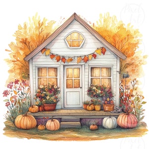 Fall Tiny House Clipart, 22 Autumn Cottage PNG, Cozy Tiny Homes with Pumpkins & Fall Leaves, Quirky Fall House Art, Fall House Illustration