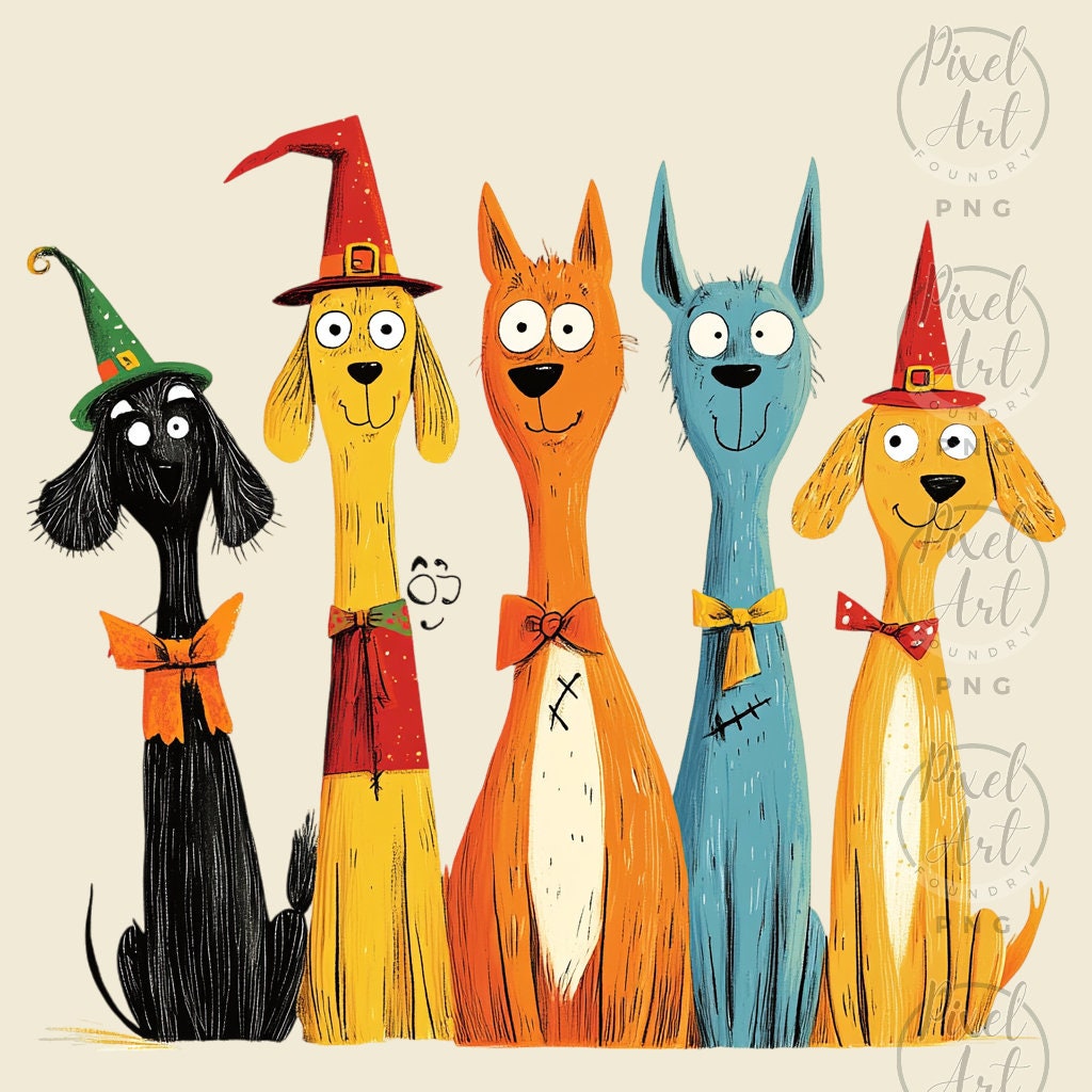 Quirky Dogs Halloween Hats Clipart Set Whimsical Dog Digital Art ...
