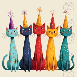 Quirky Cats New Year Hats Clipart Set Colorful Party Cat Illustrations Whimsical New Year’s Eve Clipart for Scrapbooking Junk Journals 17PNG