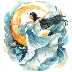 Crescent Moon Dancer Clipart Collection 20 Whimsical JPG Celestial Illustrations Nursery Decor Scrapbooking Creative Projects