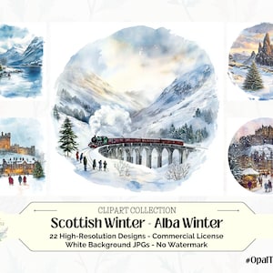 Clipart Alba d'hiver écossais, châteaux enneigés, aquarelle, paysages d'Écosse, scènes d'hiver, Junk Journal, téléchargement numérique, fabrication de cartes, 22 JPG