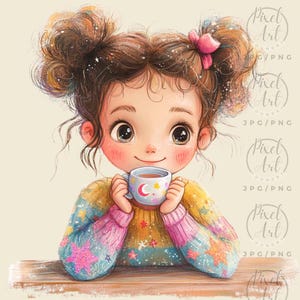 a painting of a little girl holding a cup of coffee