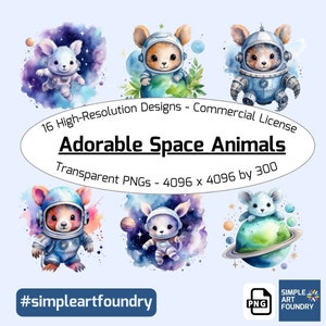 Adorable Space Animals Clipart – 16 Watercolor Space-Themed Animal Illustrations – Perfect for Scrapbooking, Invitations, and Nursery Decor