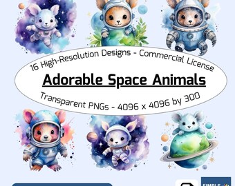 Watercolor Space Animals Clipart: 16 PNG Illustrations (Digital Download)