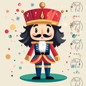 May include: A cartoon illustration of a nutcracker soldier. The nutcracker wears a red and gold hat, a blue and red uniform, and black boots. The background is a light beige with colorful confetti and snowflakes.