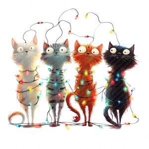 Quirky Christmas Cats Clipart Set – 19 PNGs, Festive Feline Art for Holiday Crafts & Decor, Cozy Unusual Cute Christmas Cats, Christmas Card