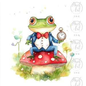 May include: A green frog wearing a blue suit and a red bow tie sits on a red and white mushroom. The frog is holding a gold pocket watch with roman numerals.