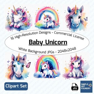 16 Watercolor Baby Unicorn Clipart | JPG | Magical Designs for Scrapbooking, Journaling