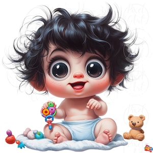 Quirky Baby Clipart, 15 Gender-Neutral PNGs, Cute Frizzy-Haired Babies with Toys and Balloons, Digital Art for Birthday Cards, Baby Decor