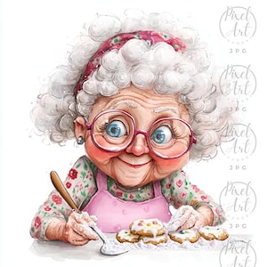 Whimsical Baking Grandma Clipart Warm Playful Kitchen Art JPG 20 Images Vibrant Baking Grandma Illustrations for Cards & Decor