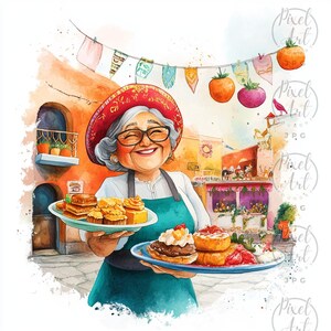 Mexican Baker Clipart Joyful Watercolor Art 20 JPGs Traditional Sweets Festive Baking Culinary Heritage Vibrant Orange Pink Cultural Charm