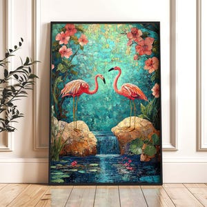 Pink Flamingos Painting, Tropical Birds Art Print, Vintage Americana Poster, Instant Digital Download, Printable Wall Art