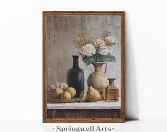 French Country Kitchen Art, Vintage Still Life Print, Flowers Bottles and Fruit (Digital Download)