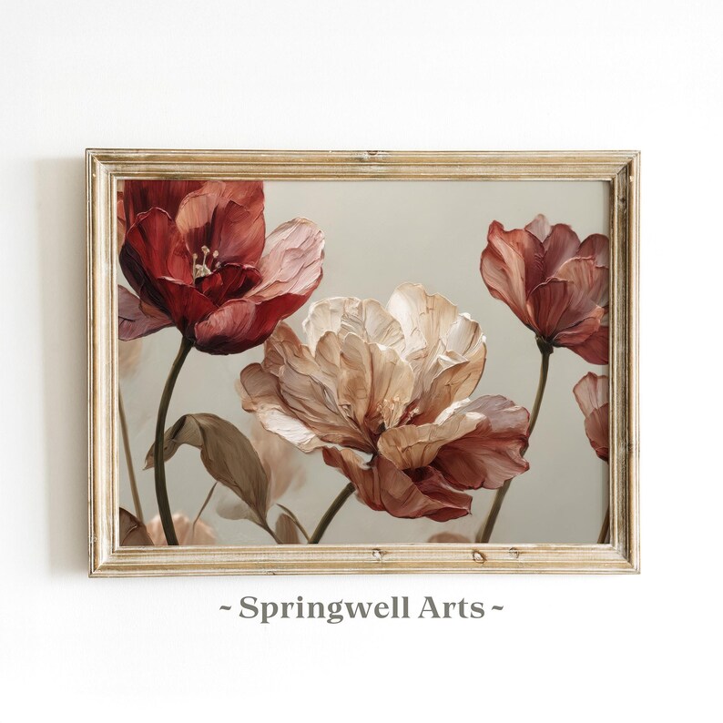 Red and Beige Floral Painting, Elegant Flower Art (Digital Download) image 1