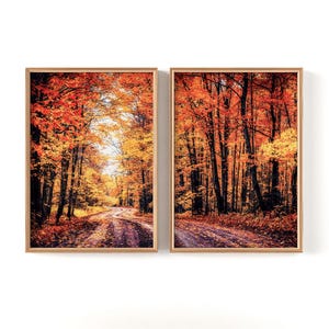 Autumn Leaves Print Set of 2, Orange & Red Fall Color Art, Country Road Photography, Instant Digital Download, Printable Seasonal Wall Decor