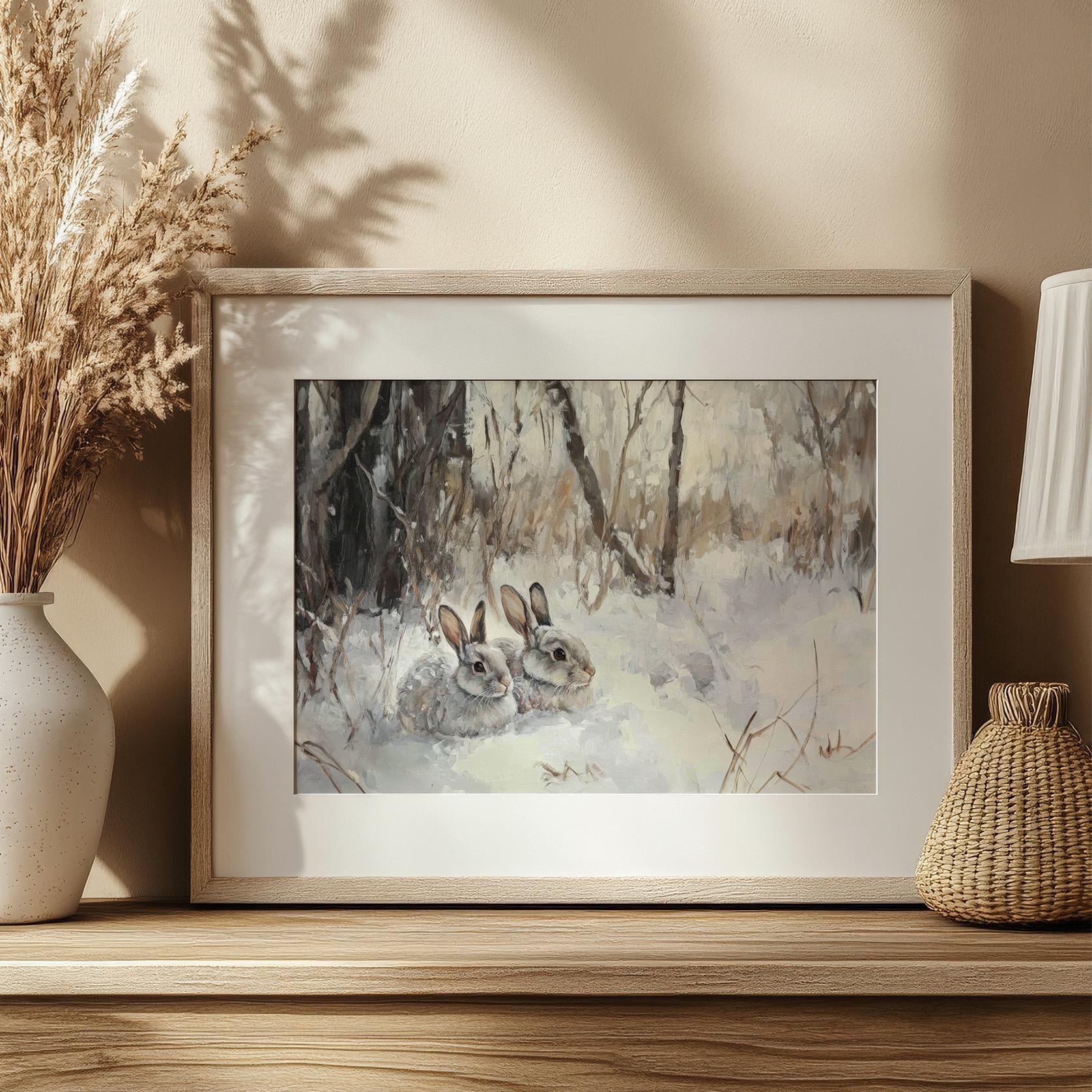 Rustic Winter Bunny Rabbits Printable Art | Woodland Snowy Forest ...