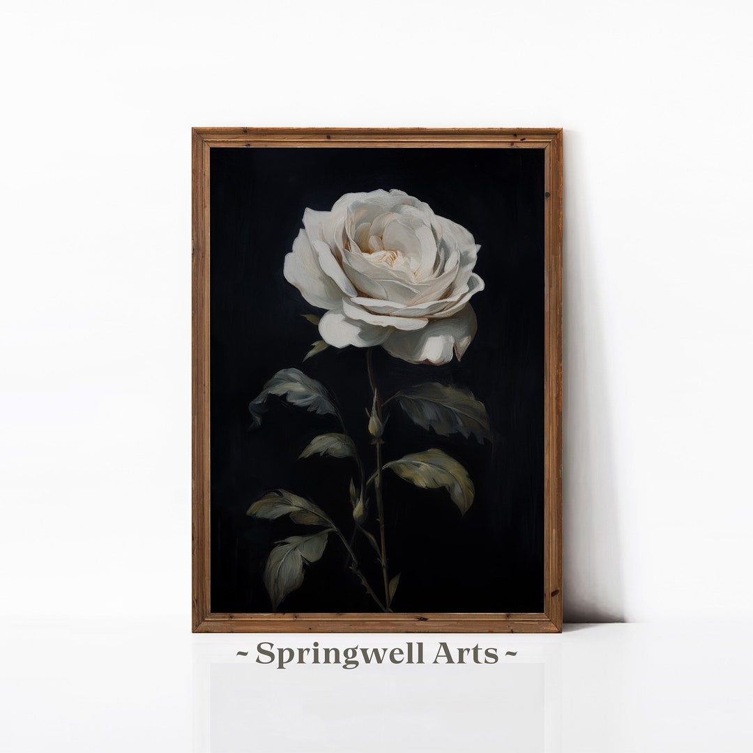 Moody White Rose Art Print | Elegant Dark Floral Wall Decor | Vintage ...