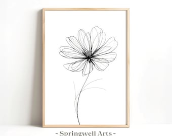 Minimalist Flower Print, Vintage Black and White Line Art, Elegant Floral Decor (Digital Download)