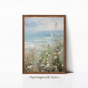 Lámina artística de flores silvestres costeras, pintura de paisaje marino, flores de playa vintage (descarga digital)