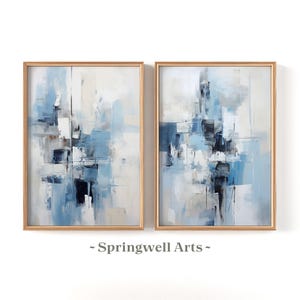 Blauwbeige abstracte print set van 2, modern wanddecor (digitale download)