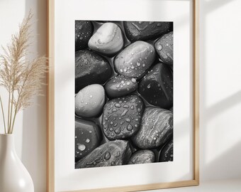 Monochrome Beach Rocks Photography Print, Black and White Coastal Decor (Digital Download)