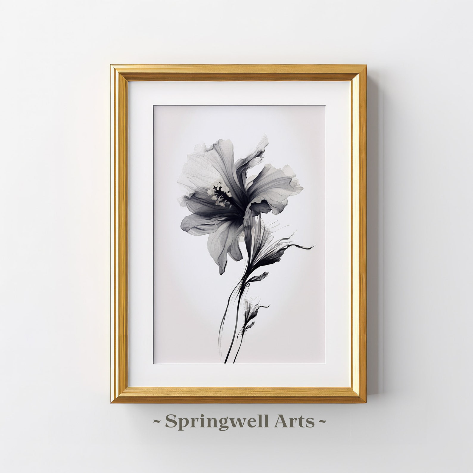 Monochrome Floral Watercolor, Black and White Botanical Art Print ...