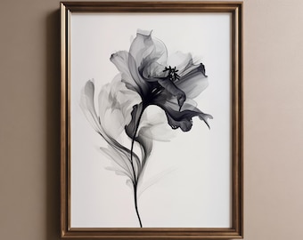Monochrome Floral Watercolor, Black and White Botanical Art Print, Minimalist Flower, Chic Bedroom Decor, Digital Download Printable Art