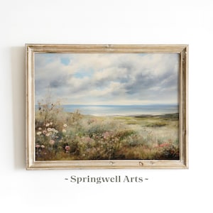 Paisaje vintage de flores silvestres costeras de verano, cuadro decorativo de playa, descarga digital, arte mural imprimible