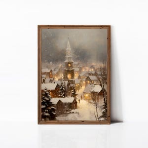 Vintage Winter Town Digital Download | Snowfall at Night Printable Art | Cozy Christmas Village Wall Decor | Holiday Home Decor